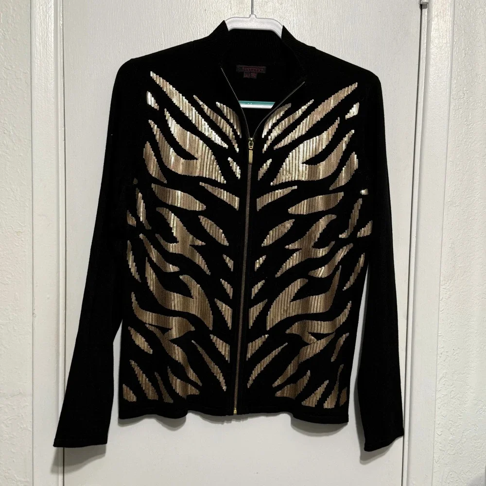 Fontana Womens XL Black Gold‎ Sequin Tiger Stripe Zip Up Cardigan Sweater